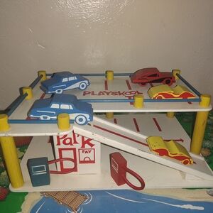 Vintage Playskool Parking Garage Playset - Blue, Red, Yellow